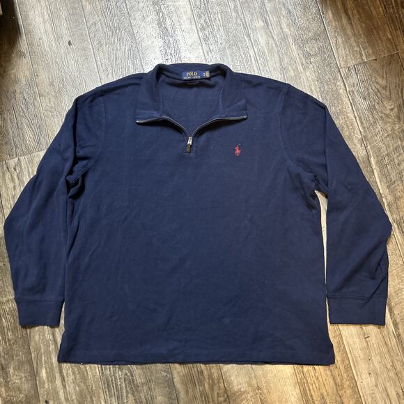 Men Polo Ralph Lauren Mesh-Knit Cotton Quarter-Zip Sweater Sz XL Navy Blue Prep - Picture 1 of 4